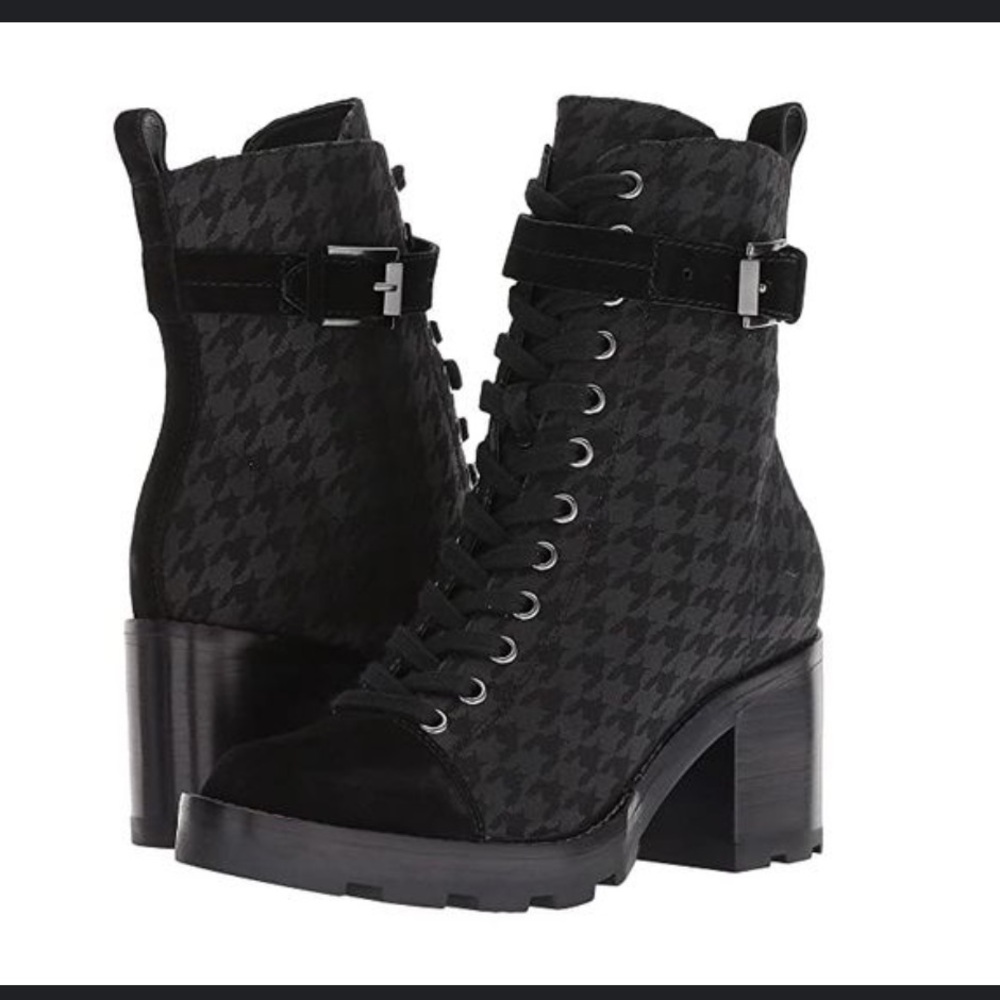 Marc Fisher Black Waren Combat Houndstooth Lace-Up Boots